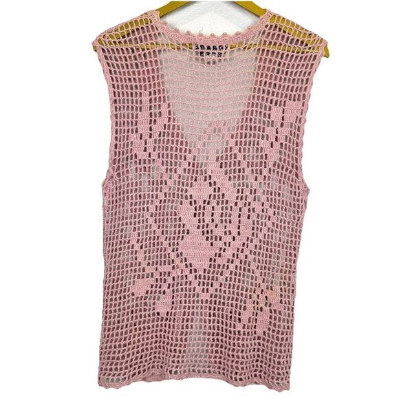 Vintage Y2K Womens Top L Pink Crochet Long Vest Boho Hippie Pearls Embellished - Picture 2 of 9